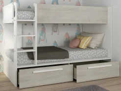 Litera 2 x 90 x 200 cm 2 cajones blanco y natural + colchón - TINOLI^Vente-unique Outlet