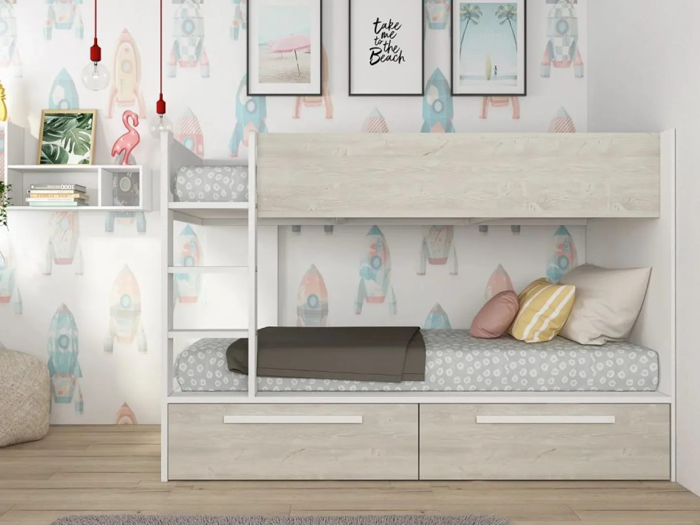 Litera 2 x 90 x 200 cm 2 cajones blanco y natural + colchón - TINOLI^Vente-unique Outlet