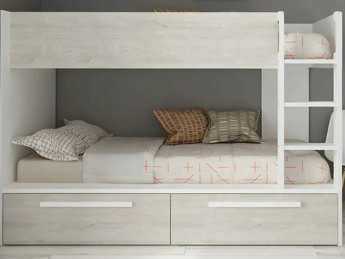 Litera 2 x 90 x 200 cm 2 cajones blanco y natural + colchón - TINOLI^Vente-unique Outlet