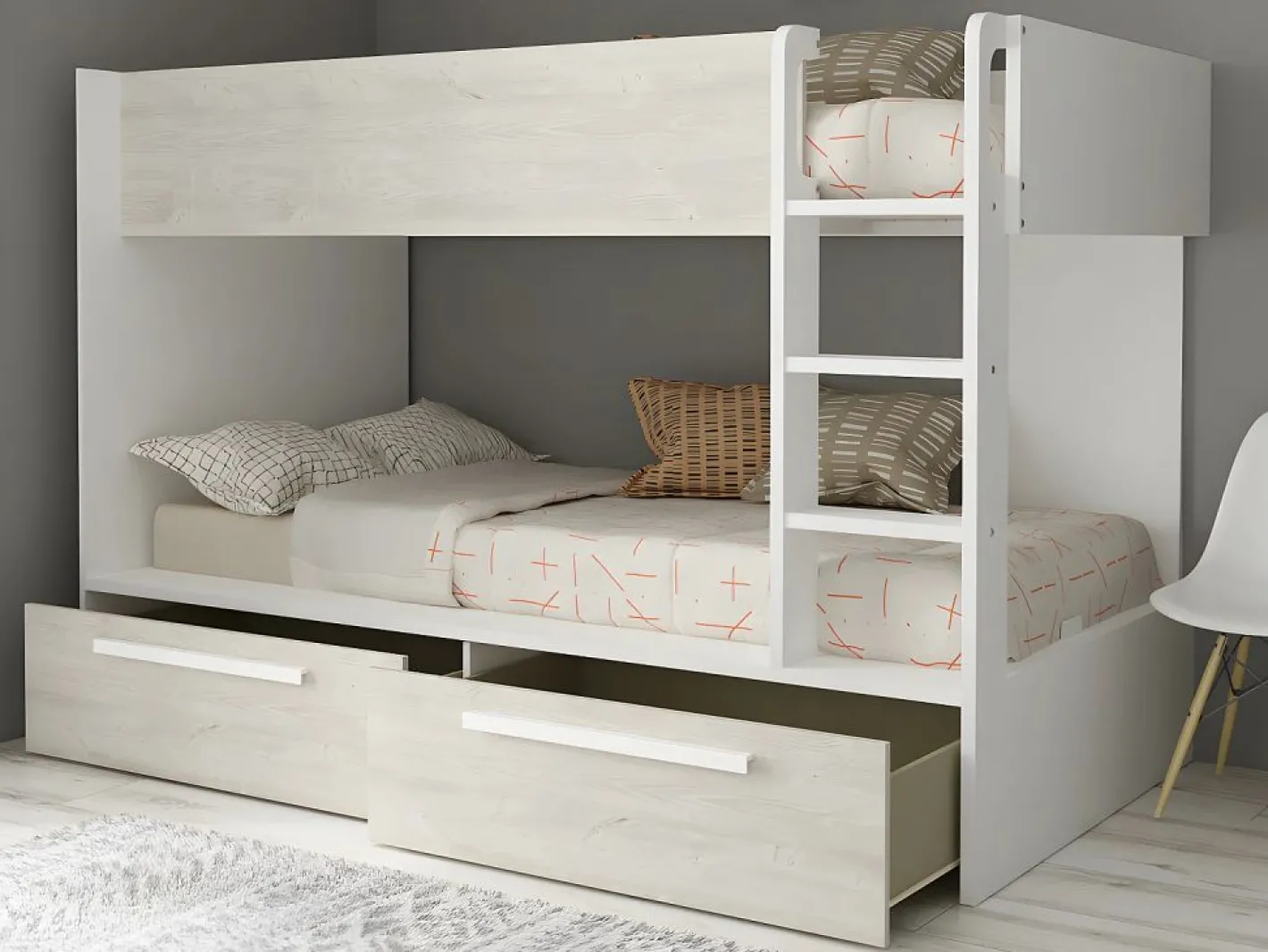 Litera 2 x 90 x 200 cm 2 cajones blanco y natural + colchón - TINOLI^Vente-unique Outlet