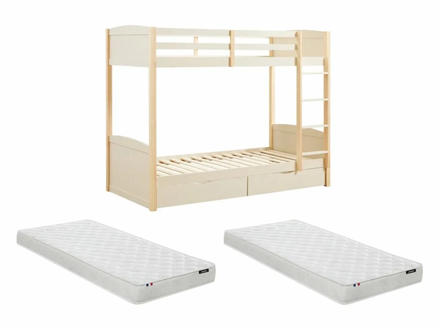 Litera 2 x 90 x 200 cm 2 cajones y natural + colchón - LIMODARA^Vente-unique Best