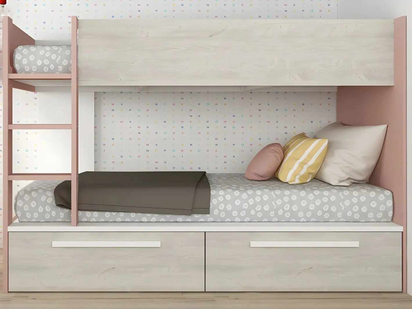 Litera 2 x 90 x 200 cm 2 cajones rosa, natural y blanco + colchón - TINOLI^Vente-unique Hot