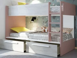 Litera 2 x 90 x 200 cm 2 cajones rosa, natural y blanco + colchón - TINOLI^Vente-unique Hot