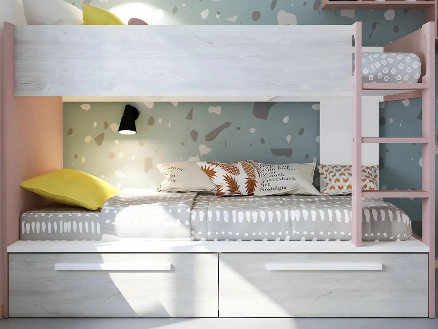 Litera 2 x 90 x 200 cm 2 cajones rosa, natural y blanco + colchón - TINOLI^Vente-unique Hot