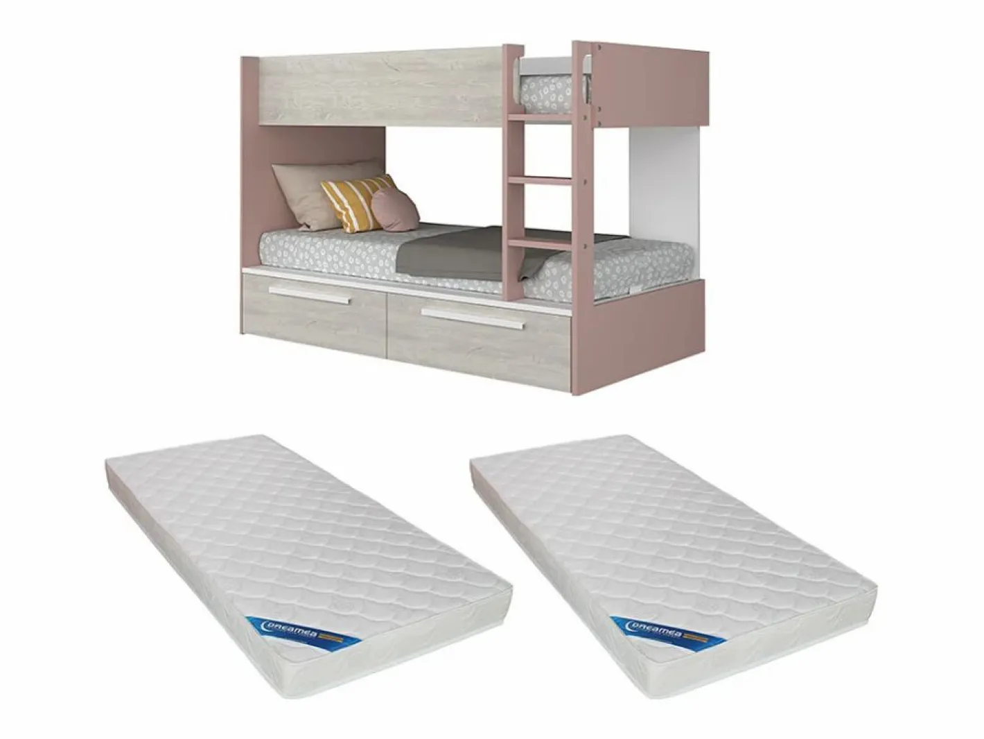 Litera 2 x 90 x 200 cm 2 cajones rosa, natural y blanco + colchón - TINOLI^Vente-unique Hot