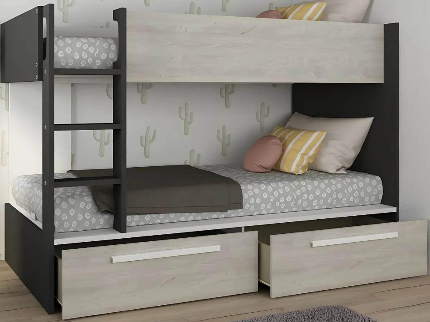 Litera 2 x 90 x 200 cm 2 cajones antracita, natural y blanco + colchón - TINOLI^Vente-unique Discount