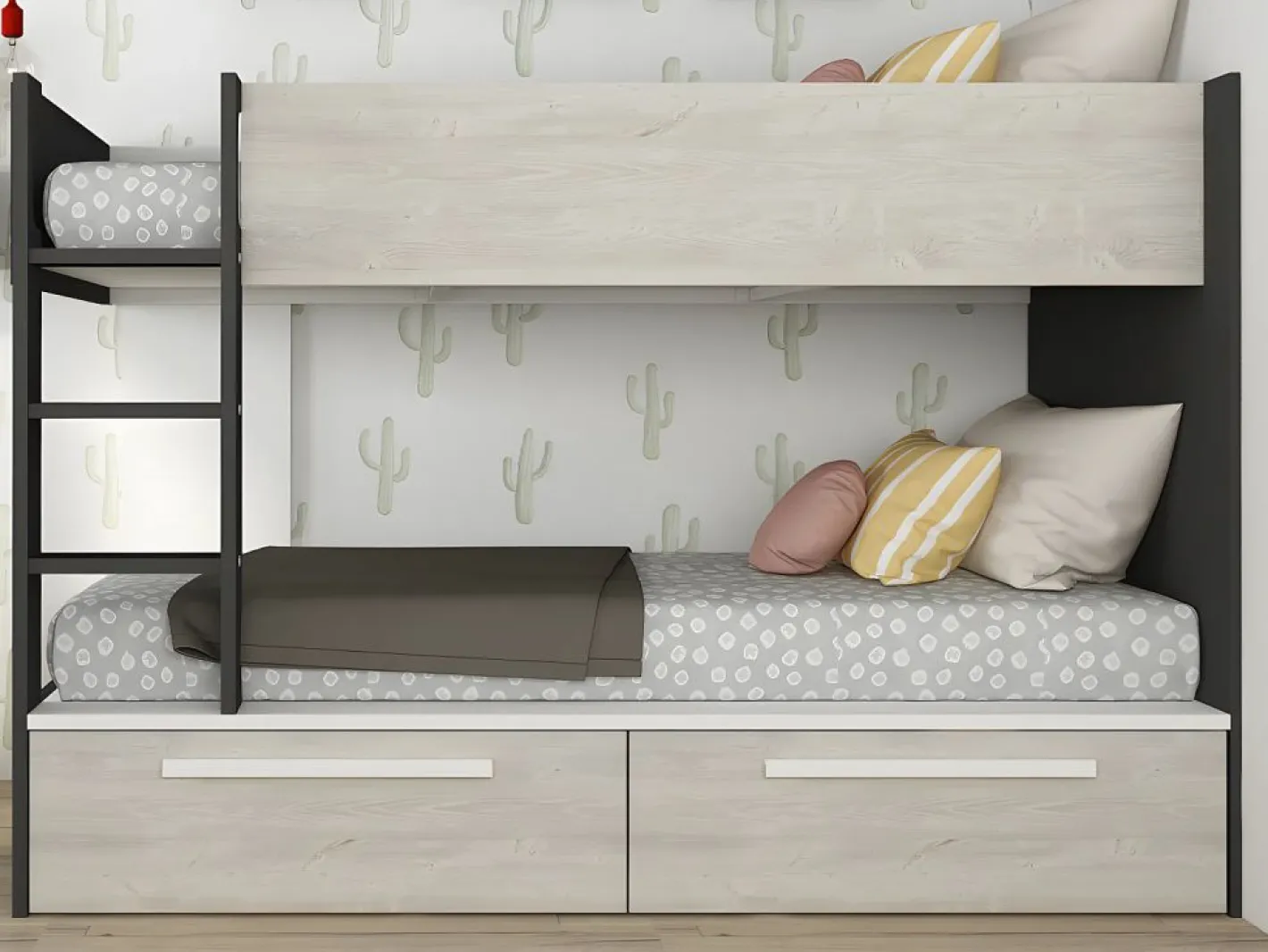 Litera 2 x 90 x 200 cm 2 cajones antracita, natural y blanco + colchón - TINOLI^Vente-unique Discount