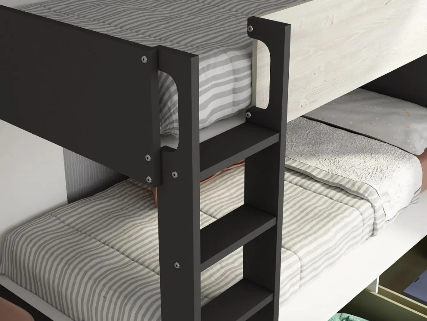 Litera 2 x 90 x 200 cm 2 cajones antracita, natural y blanco + colchón - TINOLI^Vente-unique Discount