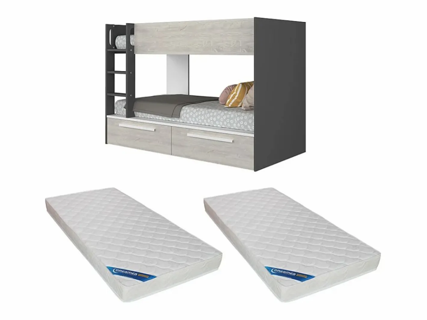 Litera 2 x 90 x 200 cm 2 cajones antracita, natural y blanco + colchón - TINOLI^Vente-unique Discount
