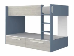 Vente-unique Cama Litera|Litera 2 x 90 x 200 cm 2 cajones azul, blanco y natural + colchón - TINOLI