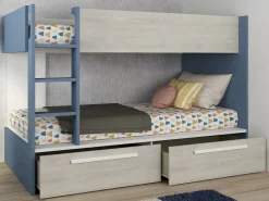 Vente-unique Cama Litera|Litera 2 x 90 x 200 cm 2 cajones azul, blanco y natural + colchón - TINOLI