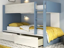 Vente-unique Cama Litera|Litera 2 x 90 x 200 cm 2 cajones azul, blanco y natural + colchón - TINOLI