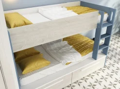Vente-unique Cama Litera|Litera 2 x 90 x 200 cm 2 cajones azul, blanco y natural + colchón - TINOLI