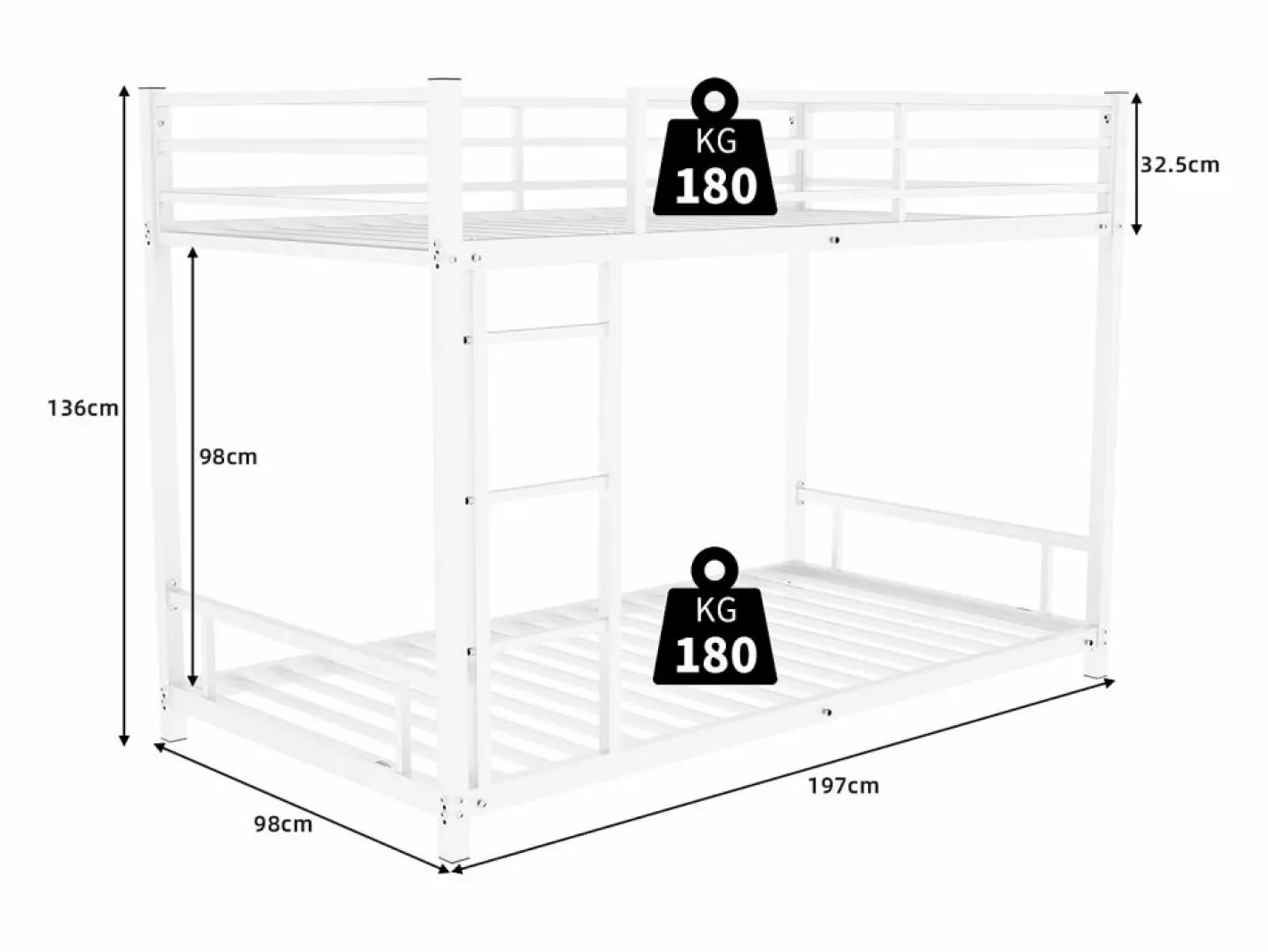 Cama Litera|Litera 2 x 90 x 190 cm - Cama infantil con escalera y barandillas - metal - sin colchón