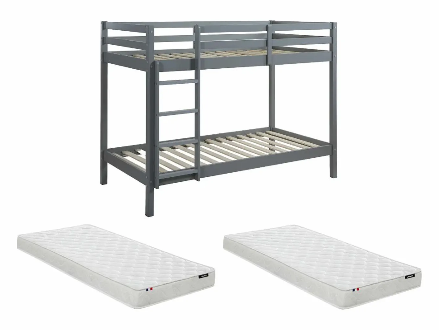 Vente-unique Litera 2 x 90 x 190 cm Pino macizo con colchón ANICET II Gris Clearance