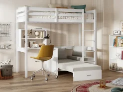 Litera alta 90 x 200 cm escritorio, sofá y almacenamiento de pino y MDF + colchón - GOLIATH^Vente-unique Best
