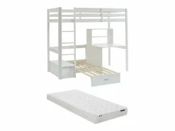 Litera alta 90 x 200 cm escritorio, sofá y almacenamiento de pino y MDF + colchón - GOLIATH^Vente-unique Best
