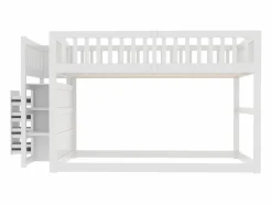 Litera baja 140x200 cm con almacenaje, barrera de seguridad alta, madera blanca (247x145x135,5cm) Blanco Online