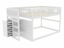 Litera baja 140x200 cm con almacenaje, barrera de seguridad alta, madera blanca (247x145x135,5cm) Blanco Online
