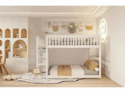 Litera baja 140x200 cm con almacenaje, barrera de seguridad alta, madera blanca (247x145x135,5cm) Blanco Online