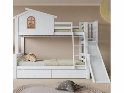 ModernLuxe Cama Litera|Litera cabina con tobogán + cajones - estructura de pino - 90x200cm + 120x200cm -