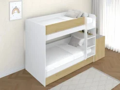 Vente-unique Litera con cama nido 3 x 90 x 190 cm 2 escritorios blanco y natural - DOMATI Color natural claro / Blanco