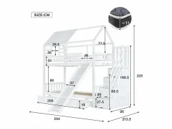 Litera con escalera y tobogán, casita con ventana, estructura de pino y MDF, color (254x213,5x223 cm)^ Outlet