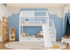 Litera con escalera y tobogán, casita con ventana, estructura de pino y MDF, color (254x213,5x223 cm)^ Outlet