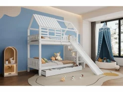 Litera con escalera y tobogán, casita con ventana, estructura de pino y MDF, color (254x213,5x223 cm)^ Outlet