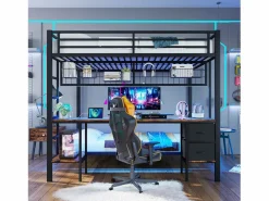 Cama Litera|Litera con escritorio, cajones y estantes, estructura de metal, LED de 7 colores, USB, color blanco (204 x 145 x 180 cm)
