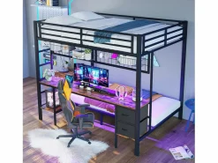 Cama Litera|Litera con escritorio, cajones y estantes, estructura de metal, LED de 7 colores, USB, color blanco (204 x 145 x 180 cm)