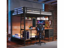 Cama Litera|Litera con escritorio, cajones y estantes, estructura de metal, LED de 7 colores, USB, color blanco (204 x 145 x 180 cm)