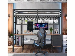 Cama Litera|Litera con escritorio, cajones y estantes, estructura de metal, LED de 7 colores, USB, color blanco (204 x 145 x 180 cm)