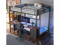 Cama Litera|Litera con escritorio, cajones y estantes, estructura de metal, LED de 7 colores, USB, color blanco (204 x 145 x 180 cm)