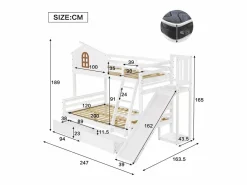 Litera con ventanas decorativas, escalera inclinada de 4 peldaños y tobogán, estructura de madera maciza, con cajones, color (247 x 163,5 x 189 cm) Blanco Hot