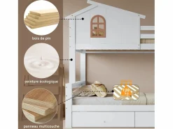 Litera con ventanas decorativas, escalera inclinada de 4 peldaños y tobogán, estructura de madera maciza, con cajones, color (247 x 163,5 x 189 cm) Blanco Hot