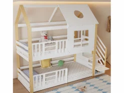 ModernLuxe Cama Litera|Cama Infantil|Litera de madera de pino y MDF - con escalera de almacenaje - 90x200 cm - Blanco y Natural