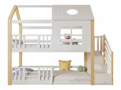 ModernLuxe Cama Litera|Cama Infantil|Litera de madera de pino y MDF - con escalera de almacenaje - 90x200 cm - Blanco y Natural