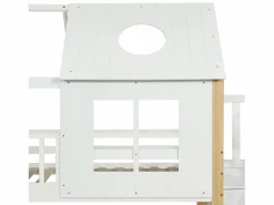 ModernLuxe Cama Litera|Cama Infantil|Litera de madera de pino y MDF - con escalera de almacenaje - 90x200 cm - Blanco y Natural