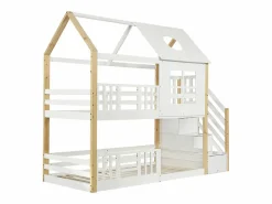 ModernLuxe Cama Litera|Cama Infantil|Litera de madera de pino y MDF - con escalera de almacenaje - 90x200 cm - Blanco y Natural