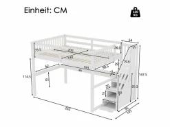 Litera de 90x200 cm + 140x200 cm con barandilla, cajones y escritorio bajo la cama, diseño moderno, pino, (255x237,5x150 cm)^ Sale