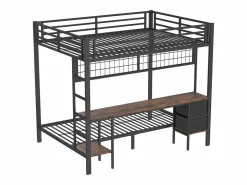 Litera de 90x200 cm y 140x200 cm con 2 cajones, escritorio, LED y puertos USB, negra^Hauss Spole Best