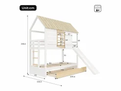 Litera en forma de casa - 2 x 90 x 200 cm - con tobogán + cama nido 90 x 190 cm - MDF + madera - y natural^Merax Sale