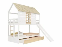 Litera en forma de casa - 2 x 90 x 200 cm - con tobogán + cama nido 90 x 190 cm - MDF + madera - y natural^Merax Sale