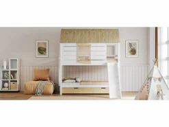 Litera en forma de casa - 2 x 90 x 200 cm - con tobogán + cama nido 90 x 190 cm - MDF + madera - y natural^Merax Sale