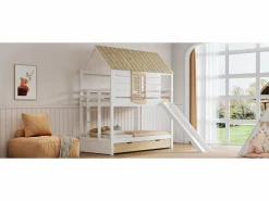 Litera en forma de casa - 2 x 90 x 200 cm - con tobogán + cama nido 90 x 190 cm - MDF + madera - y natural^Merax Sale