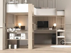 Vente-unique Cama Alta|Litera en forma de L 2 x 90 x 200 cm con almacenamiento y escritorios blanco y natural - LASCANO