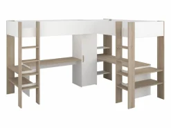 Vente-unique Cama Alta|Litera en forma de L 2 x 90 x 200 cm con almacenamiento y escritorios blanco y natural - LASCANO