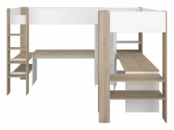 Vente-unique Cama Alta|Litera en forma de L 2 x 90 x 200 cm con almacenamiento y escritorios blanco y natural - LASCANO