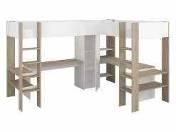Vente-unique Cama Alta|Litera en forma de L 2 x 90 x 200 cm con almacenamiento y escritorios blanco y natural - LASCANO